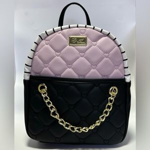 Luv Betsey Johnson Women's Quilted Black & Pink Striped Vienna Backpack w/ Chain